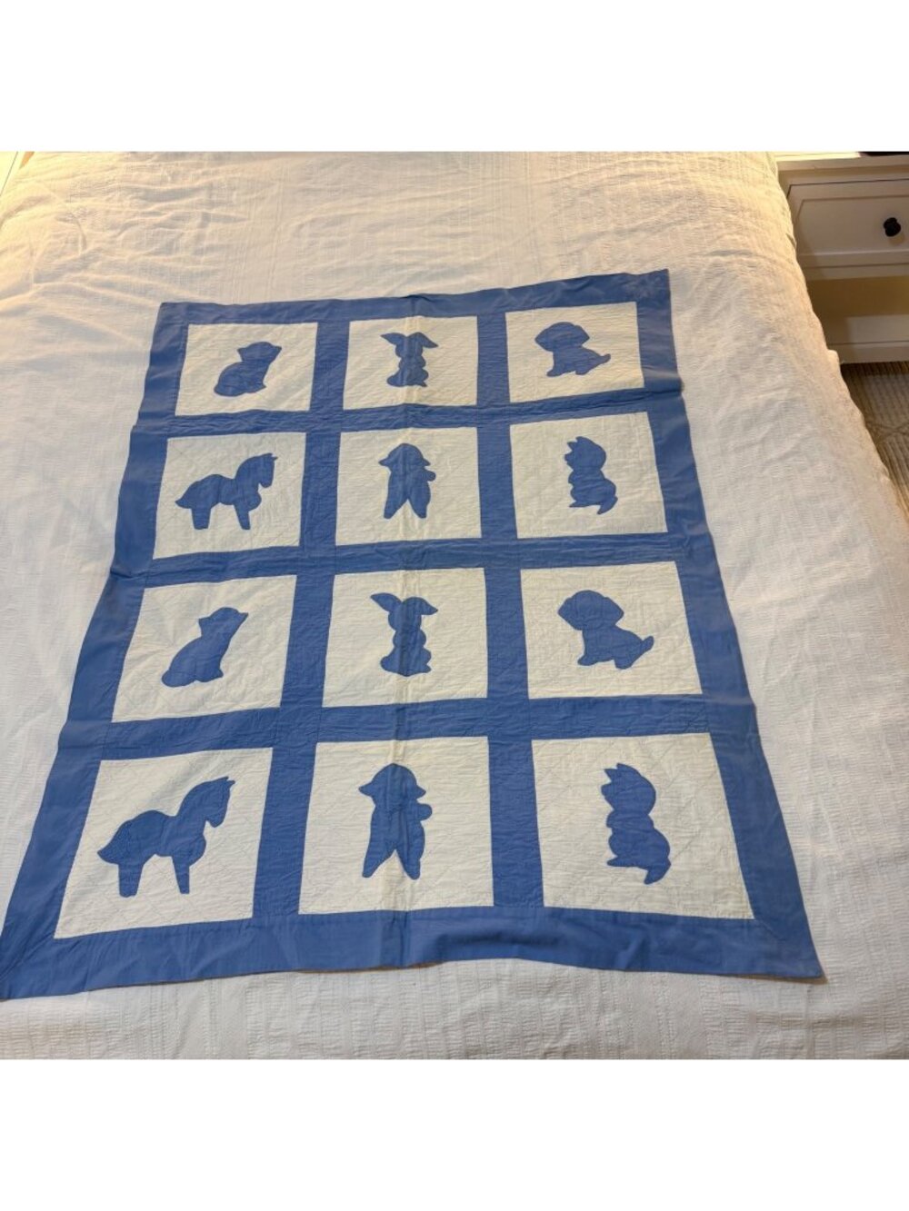 Vintage Crib Quilt, Bluework Embroidery, Hand-Stitched Animal Silhouette, and Re
